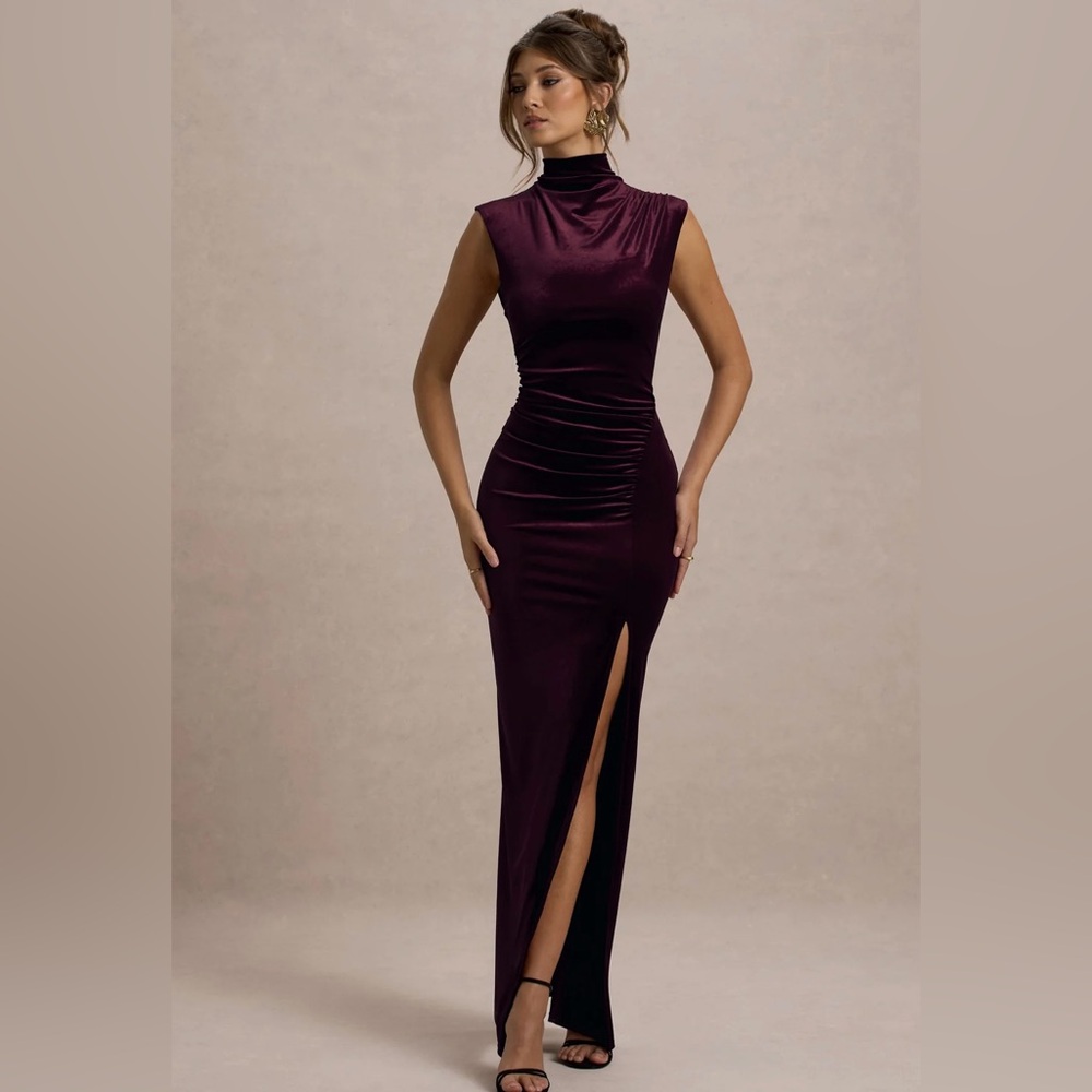 Club London Abilene Port Velvet High-Neck Split Maxi Dress